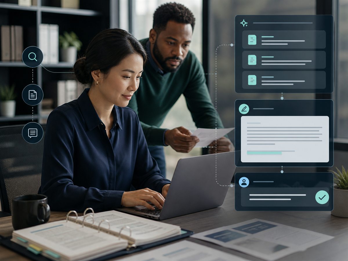 Team members using a knowledge assistant to prepare a reviewed response