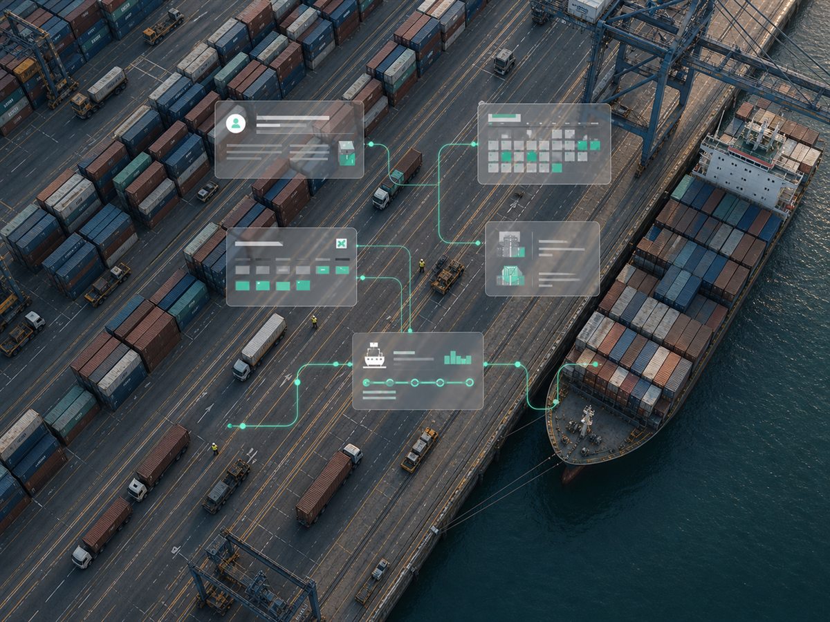 Bird's-eye view of a port logistics operation with containers, vehicles, and connected systems