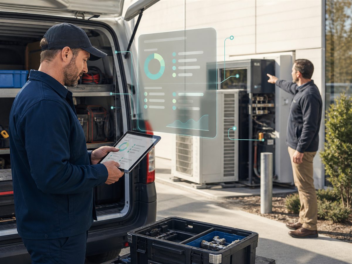 Field service technician using an internal dashboard beside a service vehicle