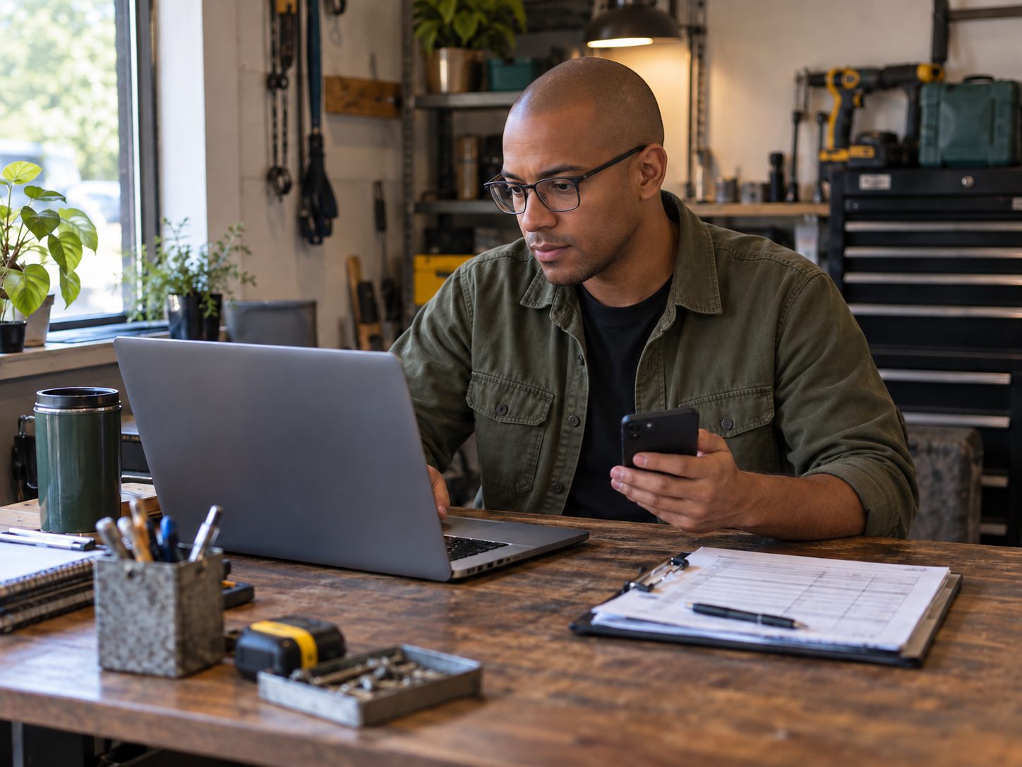 Local service-business owner reviewing a customer inquiry at a workbench