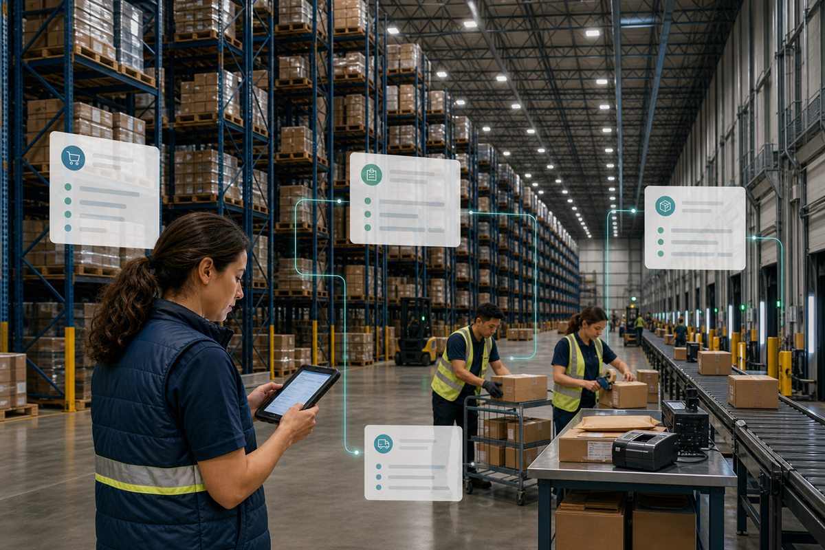 Warehouse teammates coordinating packages and a work queue inside a large high-bay facility